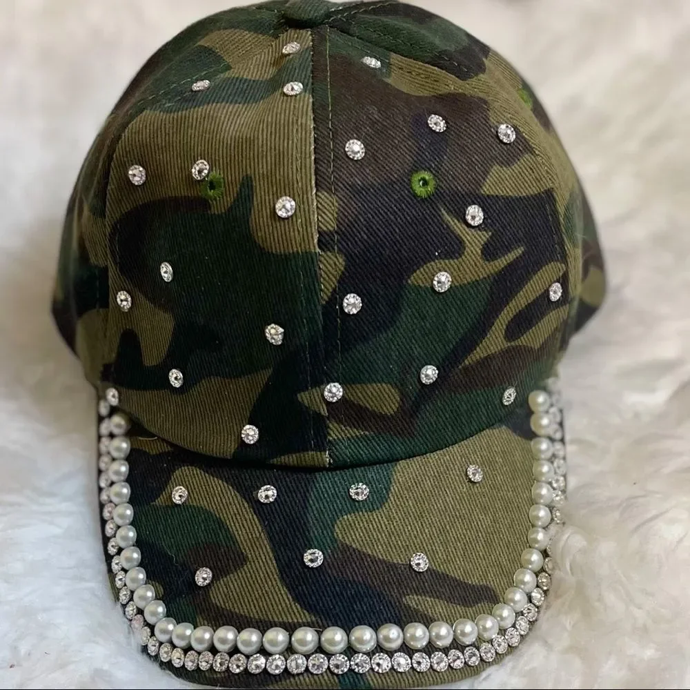 Camo Bling Rhinestone & Pearl Embellished Baseball Cap Hat NEW - Picture 10 of 12